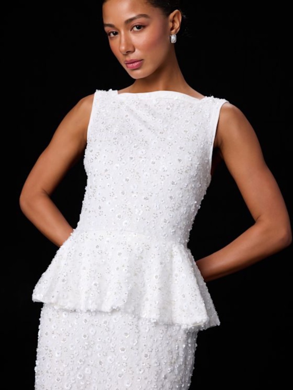 Lulus Nivina White Beaded Sequin Peplum Midi Dress - Size M